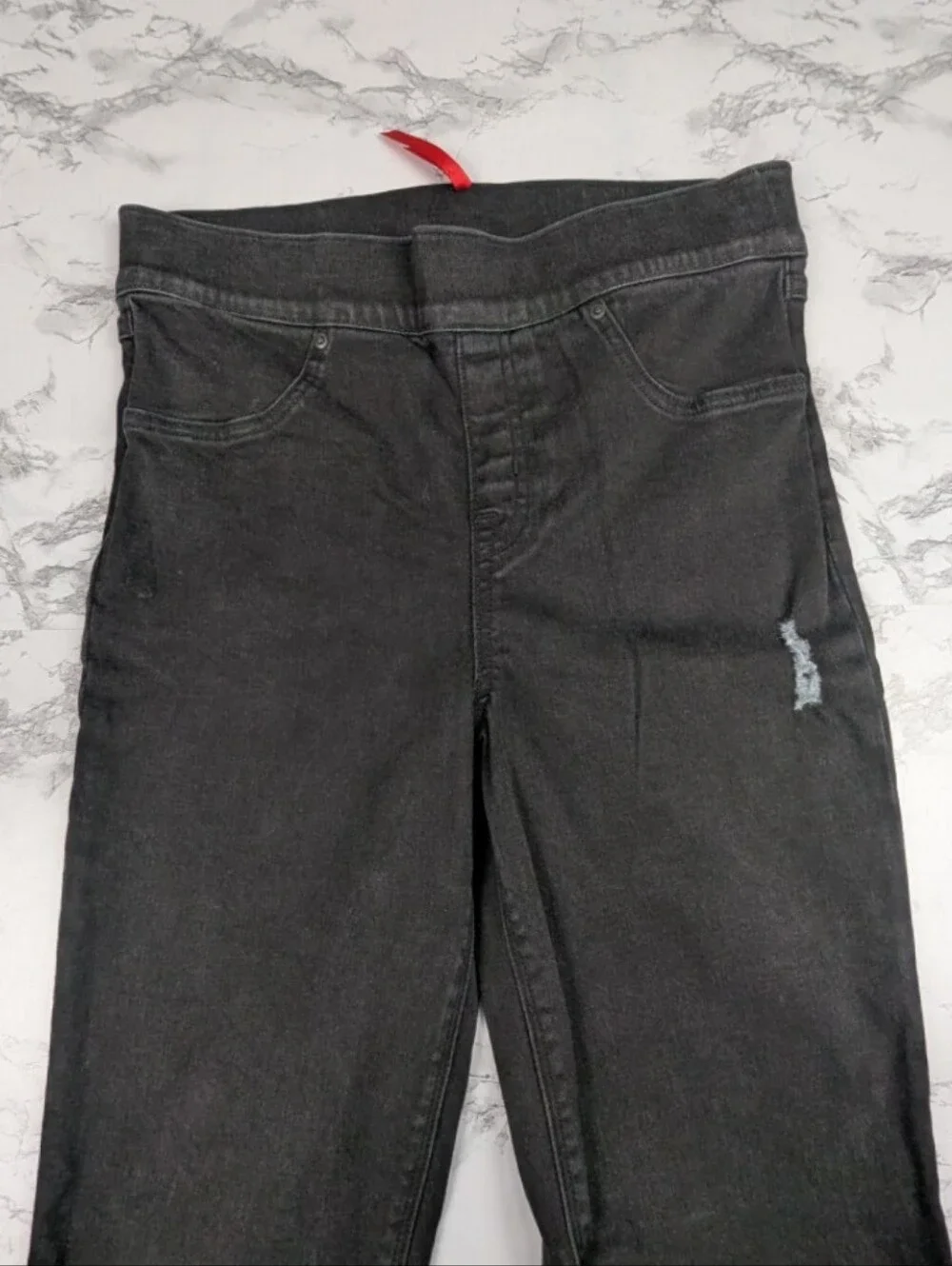 SPANX Distressed Denim Leggings High Rise Black Skinny Jeans Raw Hem Size M - Picture 4 of 13